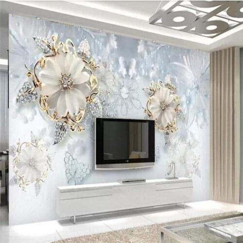 Custom wallpaper modern minimalist jewelry diamond flower 3D swan TV background wall decoration - high quality silk fabric