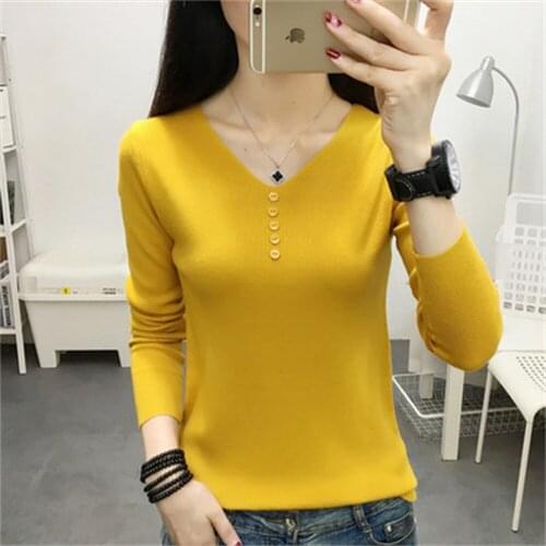 Pullover Sweaters Autumn Winter Knitted Sweater Basic Shirt Tops V-neck Button Lady Casual Sweater Slim Korea Style Sweater H652