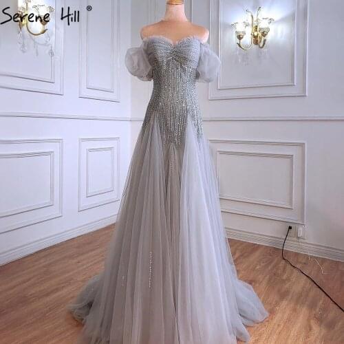 Grey A-Line Luxury Evening Dresses Gowns 2021 Beading Sparkle Sexy Puff Sleeves For Wowmen Party BLA70931 Serene Hill