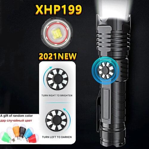 Stepless Dimming XHP199 Most Powerful LED Flashlight USB Rechargeable Torch Hand Lamp 18650/26650 5 MODES Tactical Flashlights