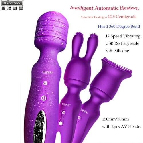Xuanai Silicone Heating Magic Wand Massager Rechargeable Vibrator 12 Vibrations Waterproof Rabbit Vibrator Masturbator for Woman