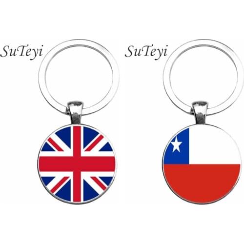 SUTEYI Classic England/Chile Flag Men Car Key Ring Jewelry Round Glass Picture Key Chain Women Handbag Art Keychain Accessories