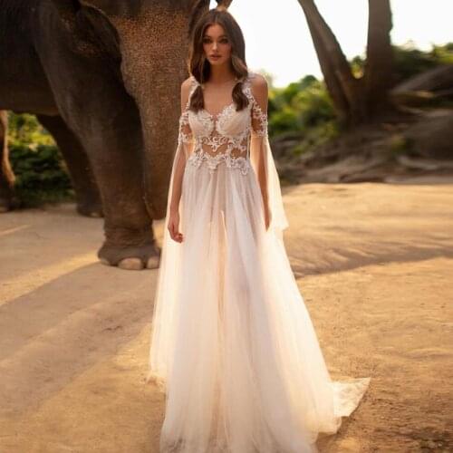 LORIE Boho Wedding Dresses 2021 O-Neck Flare Sleeves Ivory Tulle Appliques Lace white dress Elegant Bride Gown robe de mariee