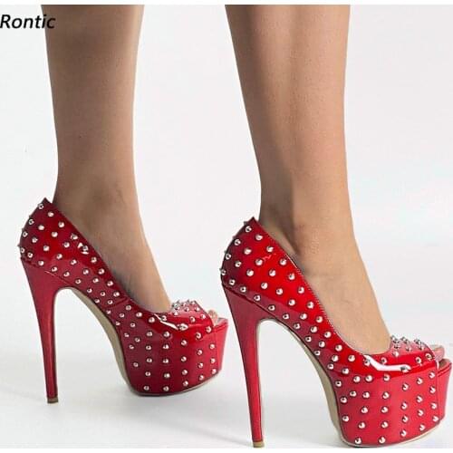 Rontic Handmade Women Platform Pumps Sexy Studded Stiletto Heels Peep Toe Pretty Blue Pink Red Cosplay Shoes Women US Size 5-20