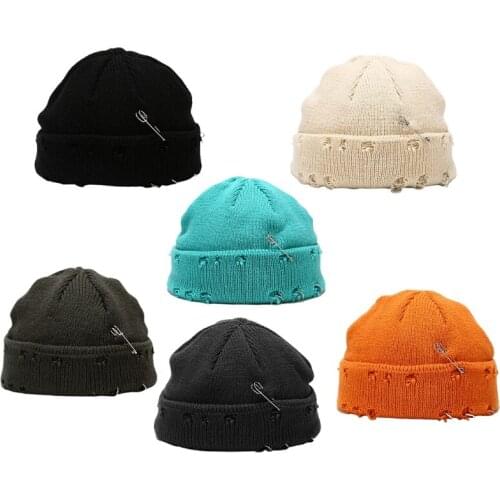 Unisex Winter Knitted Beanie Hat with Pins O-Ring Vintage Distressed Hole Solid Color Hip Hop Stretch Cuffed Skull