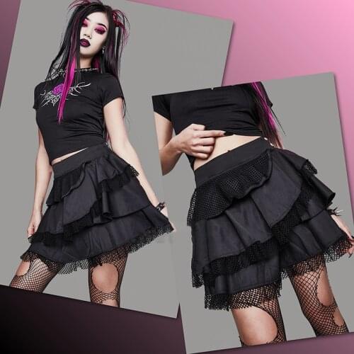 Goth Midi Skirts Y2K Dark Punk Rock Fishnet Patchwork Vintage High-Waisted Skirt Harajuku Gothic Black Clothes Girl Style Skirt