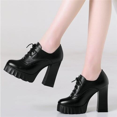 Women Lace Up Cow Leather Chunky High Heels Ankle Boots Round Toe Punk Goth Party Platform Pumps Laddy Office Shoes Casual Shoes