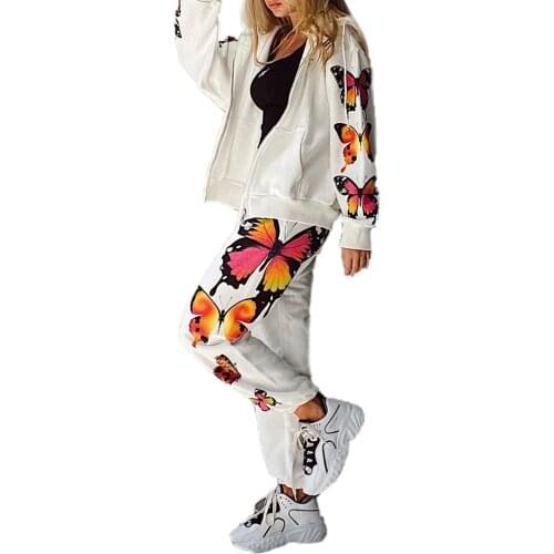 Womens Butterfly Printed Sports Casual Loose Set Zipper Up Hooded Coat + Elastic Long Pants