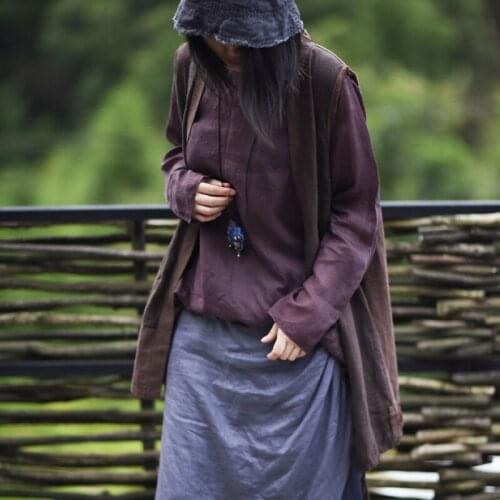 Johnature Women Vintage Linen Coats V-Neck Sleeveless Patchwork Casual Asymmetric Vest 2021 Autumn New Solid Color Vest Coats