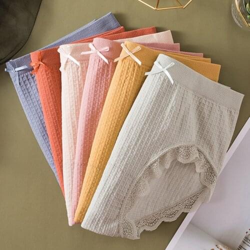 Wasteheart Women Fashion Orange Cotton Bow Sexy Mid Waist Panties Underwear Lingerie Seamless Lace Briefs Underpants F