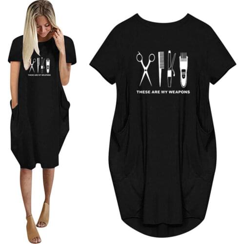 Summer Barber Hairdresser Weapon Print Women Casual Loose Dress With Pocket Ladies Fashion O Neck Long Tops Female T Shirt Dress