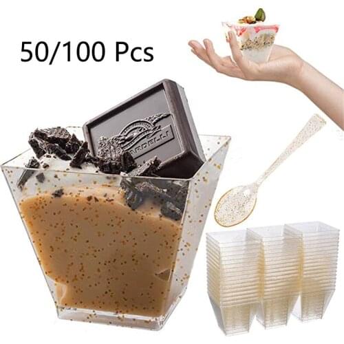 100 Pcs Mini Plastic Dessert Cups with Spoons Gold Glitter Dessert Cake Cup for Shooters for Chocolate Desserts Appetizers More