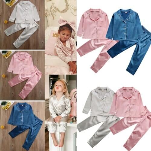 2Pcs Kid Baby Silk Satin Pajamas Sleepwear Boy Girl Clothes Top Pants 1-7 Year