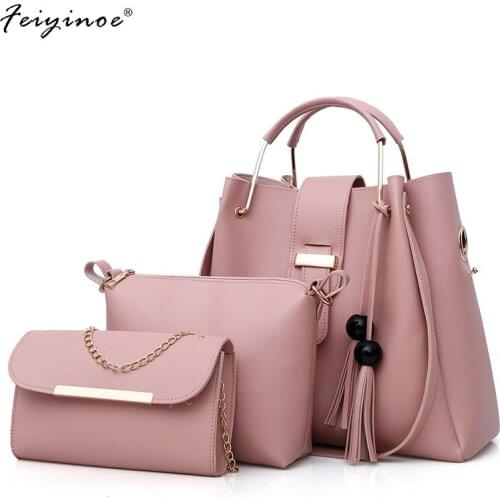 3Pcs/Sets Women Handbags Leather Shoulder Bags Female Large Capacity Casual Tote Bag Tassel Bucket Purses Handbags Tassel