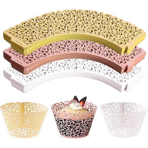 50pcs Cupcake Wrappers Hollow Lace Laser Cut Liner Paper Baking Cup Muffin Holder Wedding Party Birthday Baby Showers Decoration