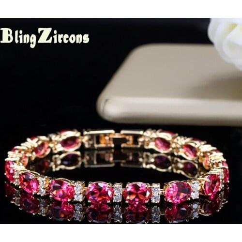 BeaQueen African Nigerian Fashion Gold Color Rose Red Oval Cubic Zirconia Bride Bracelet Shining Wedding Party Jewelry B104