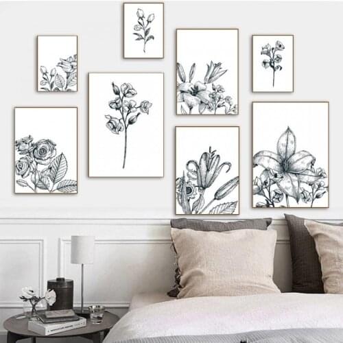 Black White Botanical Flower Drawing Decorative Pictures Nordic Poster and Print Modern Wall Art Canvas Painting Home Decoration