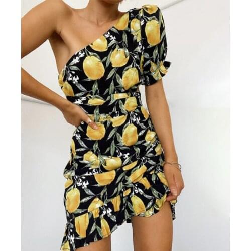 Cultiseed Women Sweet Sexy Off One Shoulder Fruit Print Slim Hip Ruffled Party Dress Female New Holiday Beach Casual Mini Gowns