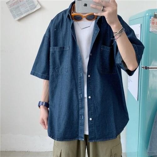 Retro Denim Short-sleeved Shirt Mens Thin Summer Students All-match Harajuku Korean Trend Jacket Vintage Clothing Chemise Homme