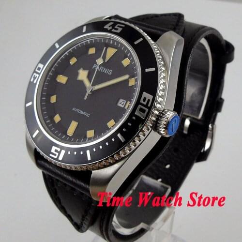 43mm parnis Miyota 10ATM 21 jewels Automatic mens watch sapphire glass black dial yellow marks leather strap