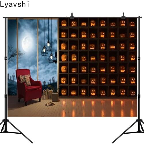 Lyavshi Photography Backdrop halloween night Pumpkin sofa Wooden floor cemetery Background Decor Banner Photo Studio Props