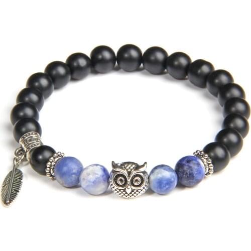 Mens Classic 7 colors Natural stone beads bracelets silver color owl charm bracelets For Men Women homme bracelet jewelry