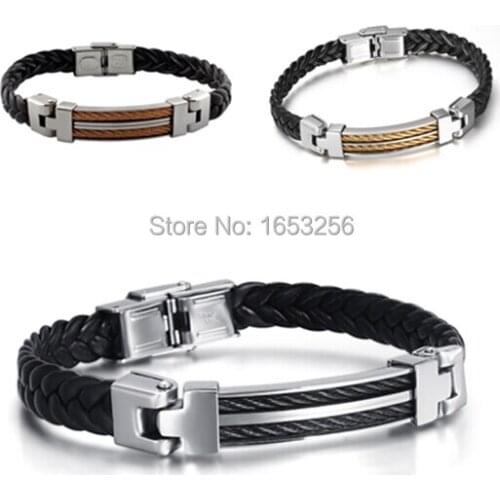 8.5'' Gold / Rose Gold Choose Mens Black Genuine Leather Bracelet Charm Wristband Stainless Steel Clasp Top Quality