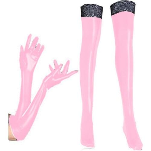 Sexy Pole Dance Costume Accessories Women Ladies Metallic leather Long Gloves with Stocking Erotic Cosplay Accessories with lace