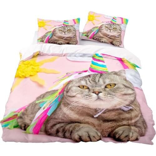 Cute Cat And Rainbow Unicorn Horns Pattern Duvet Cover 200x220 Pillowcase 3Pcs,245x210 Quilt Cover,Blanket Cover , Bedding Set