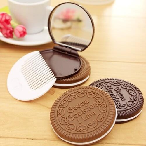 Portable Mini Cute kawaii Ladies Girls Mirror Fashionable Chocolate Cookie Shaped Design Cosmetic Mirror Makeup Chocolate Comb