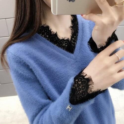 2021 Women Sweaters Pullovers Autumn Winter Long Sleeve Fake two V-neck Loose Pullover Female Casual Short Knitted Sweater