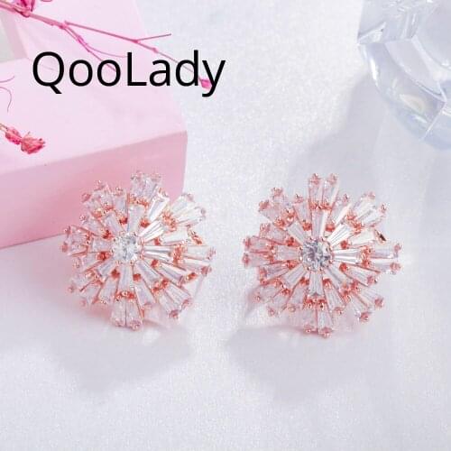 QooLady Shiny Geometric Snowflake Flower CZ Crystal 585 Rose Gold Big Wedding Stud Earrings for Ladies Korean Style Jewelry E256