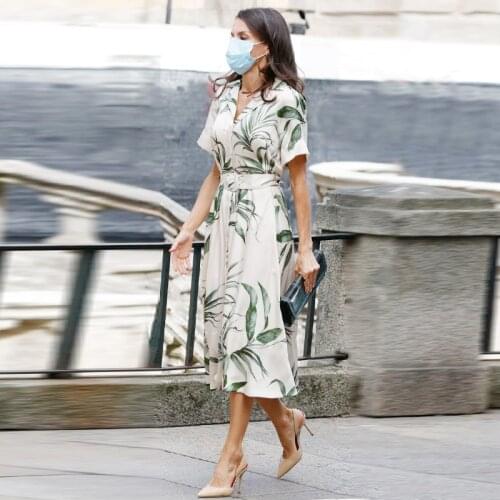 S-XL High Quality 2021 Summer New Fashion Green Leaf Print Fresh Style Lapel Lapel Single Breasted Short Sleeve Slim Women Dress