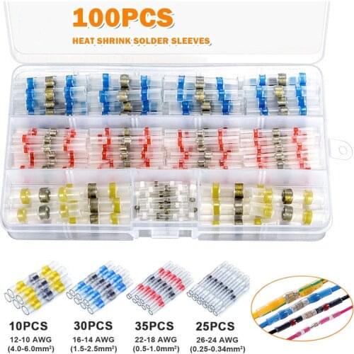 100PCS Heat Shrink Connect Terminals Waterproof Solder Sleeve Tube Electrical Wire Insulated Butt Connectors Assorted Kit