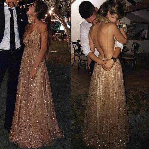 VKBRIDAL Spaghetti Straps V-Neck Backless Prom Dresses 2019 Sexy Sequin Long Evening Dress A-Line Champagne Formal Party Gowns