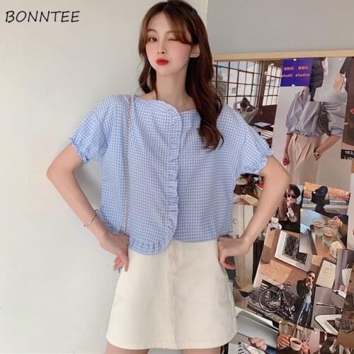 Women T-shirts Asymmetrical Plaid V-neck Puff Sleeve Kawaii Designer Korean Style Elegant Loose Trendy Daily Female Hot Sale New