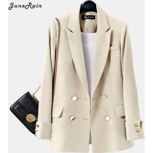 JuneRain Women 2021 Autumn Fashion Double Breasted Blazer Coat Female Vintage Long Sleeve Office Lady Pockets Outerwear Chic Top