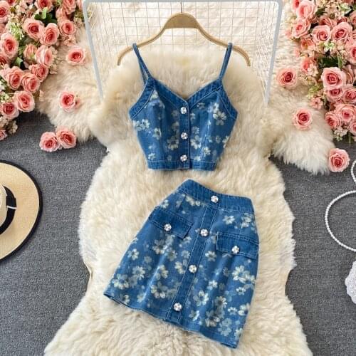 2021 Summer Women High Street Denim Set Puff Sleeve T-shirt + Sling Top + Mini Skirt Fashion 3 Piece Suit Female Clothes