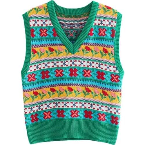 Women Sweater Vest 2021 Autumn Spliced V-neck Geometric Jacquard Knitted Vest Coat Casual Vintage Loose Sleeveless Outerwear