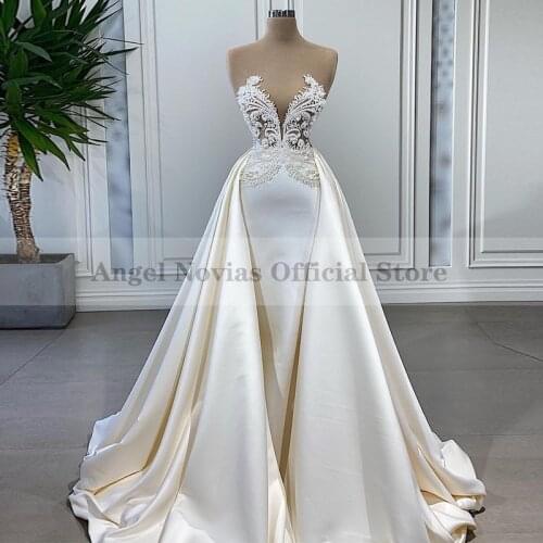 Angel Novias Womens Long Ivory Mermaid Wedding Dresses with Detachable Train Robe De Mariage Suknia Slubna