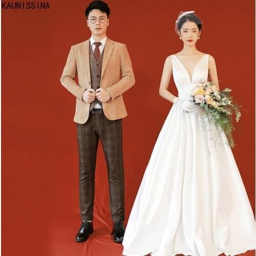 KAUNISSINA Sexy Backless Wedding Dresses Womens Deep V-Neck Sleeveless Floor-Length A-Line Bow Bridal Gowns Vestidos De Novia