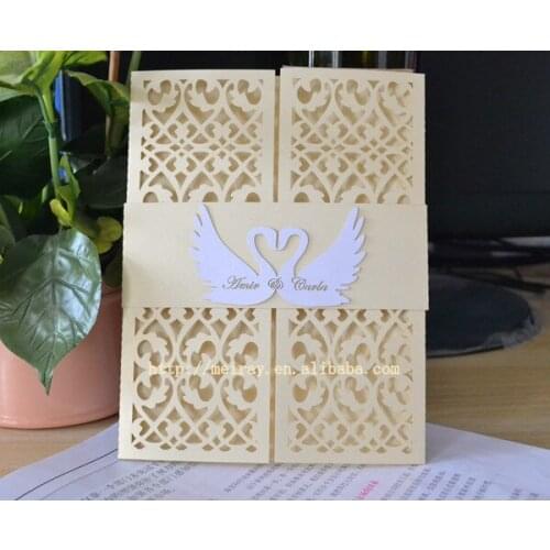 100pcs/lot) love swan cards with names on cards,hard cover invitations,laser cut light gold wedding invitation laser cut covers