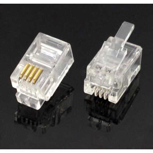 100pcs RJ11 Socket Connector 4P4C Crystal Jack PC Material Phone Microphone Plug 4 Core Crystal Head Gold Plated