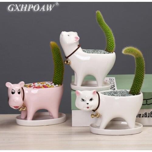 Cartoons Cat Flower Pots Animal Ceramic Flowerpot Cute Dogs Vase Cactus Succulent Potted Flower Arrangement Home Decor Ornaments