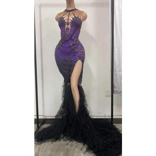 Purple Big Stones Mesh Train Dress Prom Evening Female Singer Show Costume Birthday Celebrate Wear Split Long Dress