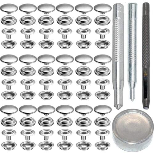 GTBL 72Pcs 15MM Stainless Steel Fastener Snap Press Stud Button for Marine Boat Canvas with Punching Set Tool Kit Silver