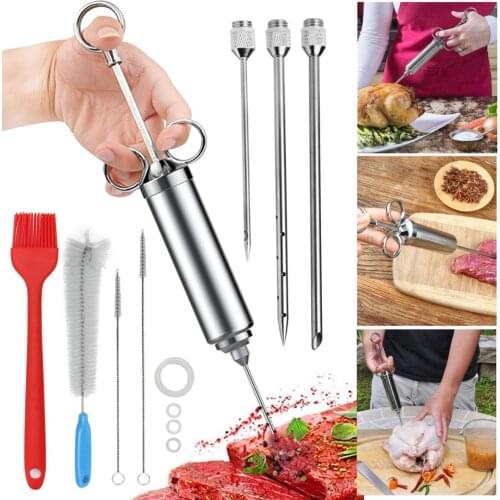 304 Stainless Steel BBQ Meat Injectors Needle Marinade Seasoning Injector Turkey Grill 2-oz Cooking Syringe Injection +3 Needles
