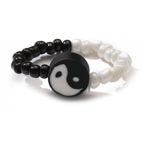 2021 NEW Yin Yang Resin Pearl Colorful Black White Tai Chi Color Contrast Bead Ring For Women Trendy Jewelry Personality Gift