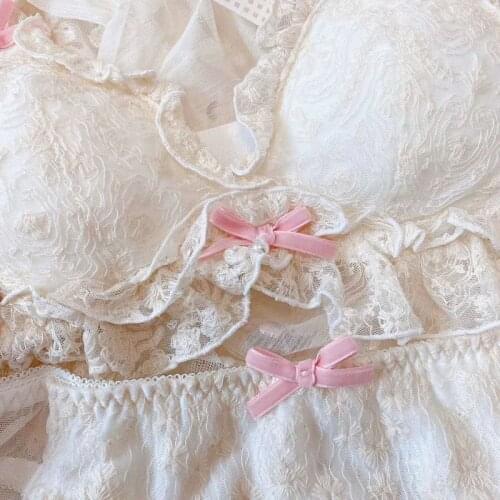 Japan Lolita Set Underwear Women Girls Kawaii Lace Bra Panty Lingerie Set Young Girl Teen Sweet Wire Free Sleep Bras Thong Retro