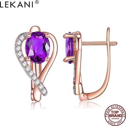 LEKANI Romantic Heart Rose Gold Color Earrings For Women Purple Oval 5A Cubic Zirconia Stud Earring Anniversary Fashion Jewelry